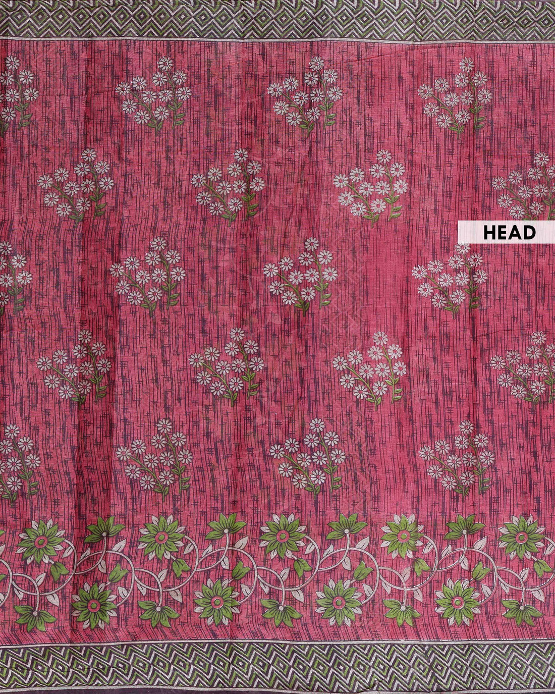 Elegant Voile Saree with Artistic Floral Vine Design and Traditional Geometric Woven Border - Dark Pink