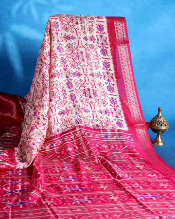 Traditional Dola Saree with All Over Pochampally Inspired Motifs and Elegant Zari Woven Border - Off White