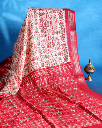 Traditional Dola Saree with All Over Pochampally Inspired Motifs and Elegant Zari Woven Border - Off White