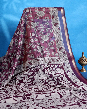 Elegant Semi Chanderi Saree with Intricate Floral and Peacock Motifs and Traditional Woven Border - Maroon