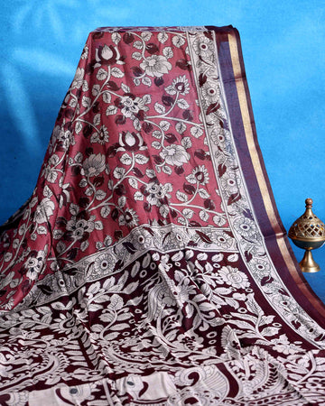 Elegant Semi Chanderi Saree with Intricate Floral and Peacock Motifs and Traditional Woven Border - Red