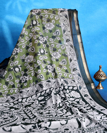 Elegant Semi Chanderi Saree with Intricate Floral and Peacock Motifs and Traditional Woven Border - Green