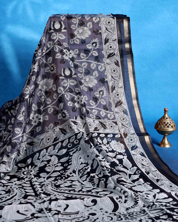 Elegant Semi Chanderi Saree with Intricate Floral and Peacock Motifs and Traditional Woven Border - Dark Purple
