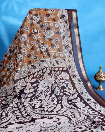 Elegant Semi Chanderi Saree with Intricate Floral and Peacock Motifs and Traditional Woven Border - Mustard