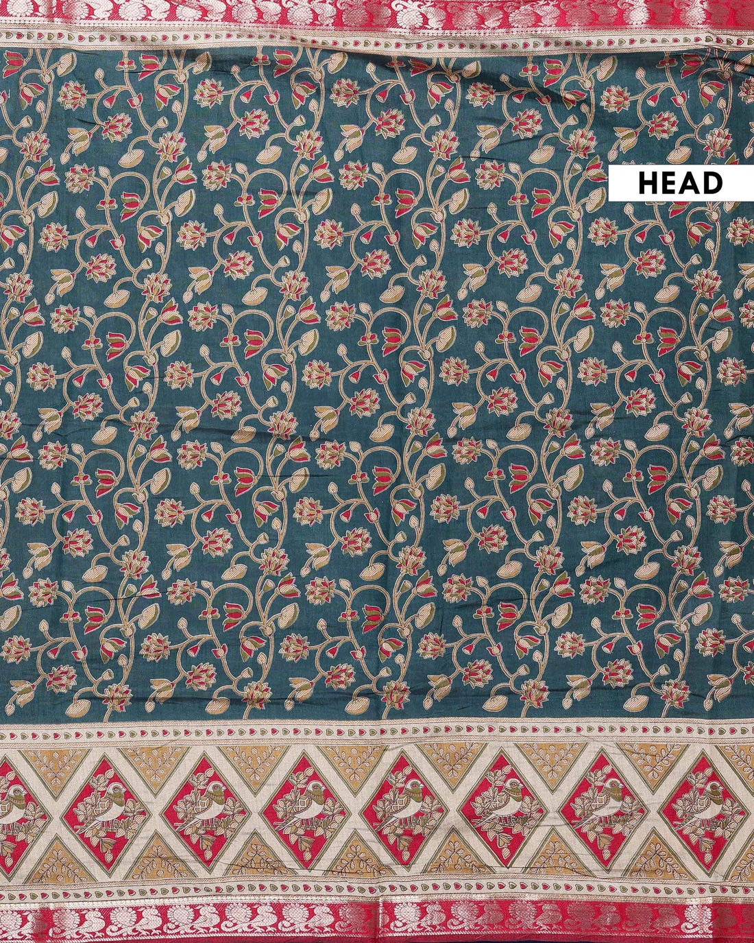 Elegant Semi Chanderi Saree with Floral Motifs and Traditional Contrast Woven Border - Dark Green