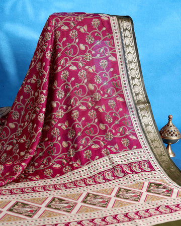 Elegant Semi Chanderi Saree with Floral Motifs and Traditional Contrast Woven Border - Magenta