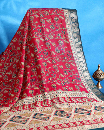 Elegant Semi Chanderi Saree with Floral Motifs and Traditional Contrast Woven Border - Red