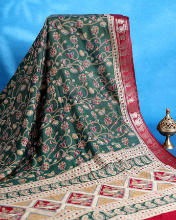 Elegant Semi Chanderi Saree with Floral Motifs and Traditional Contrast Woven Border - Green