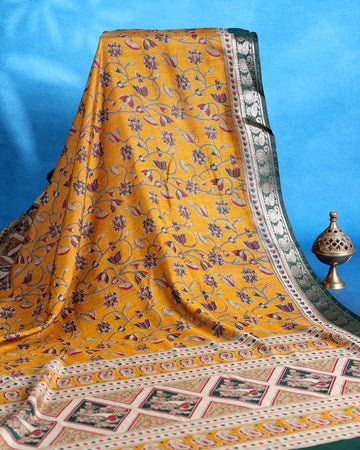 Elegant Semi Chanderi Saree with Floral Motifs and Traditional Contrast Woven Border - Yellow