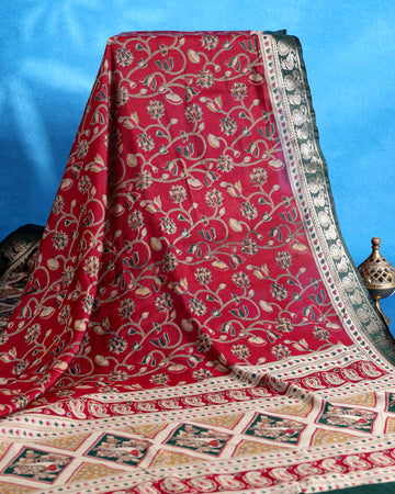 Traditional Semi Chanderi Saree with Floral Motifs and Traditional Contrast Woven Border - Red