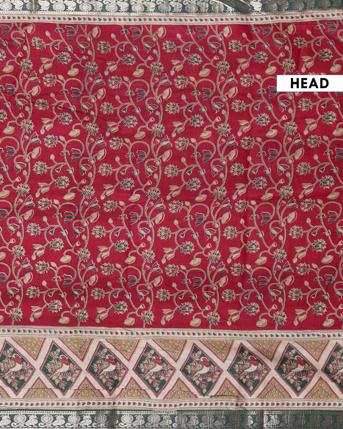 Traditional Semi Chanderi Saree with Floral Motifs and Traditional Contrast Woven Border - Red