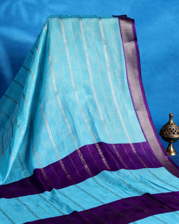 Elegant Dola Saree with Vertical Striped Body Design and Classic Contrast Woven Border - Sky Blue