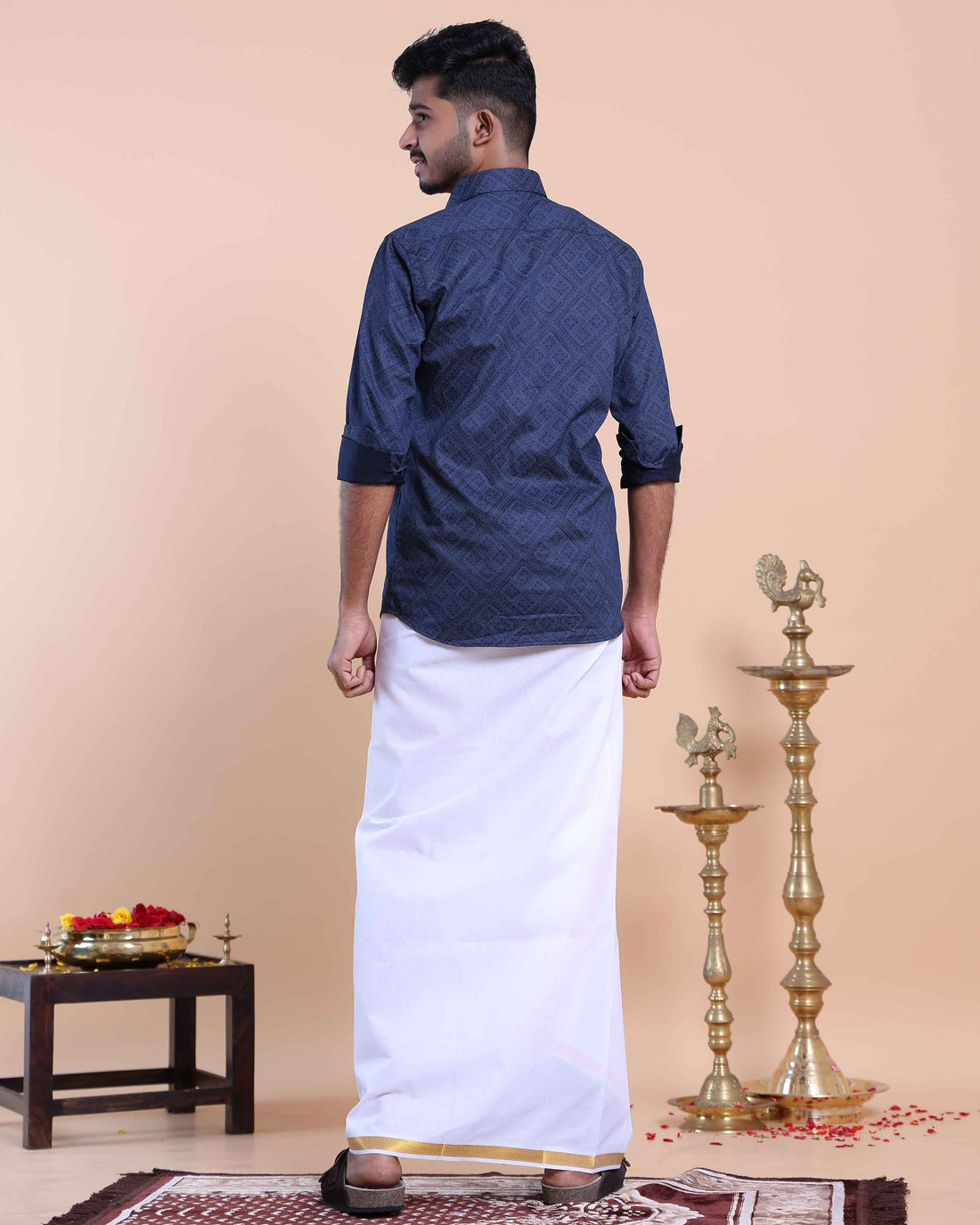 Elegant Men's Ethnic Full Sleeve Shirt & Dhoti Set with Zari Border - Blue