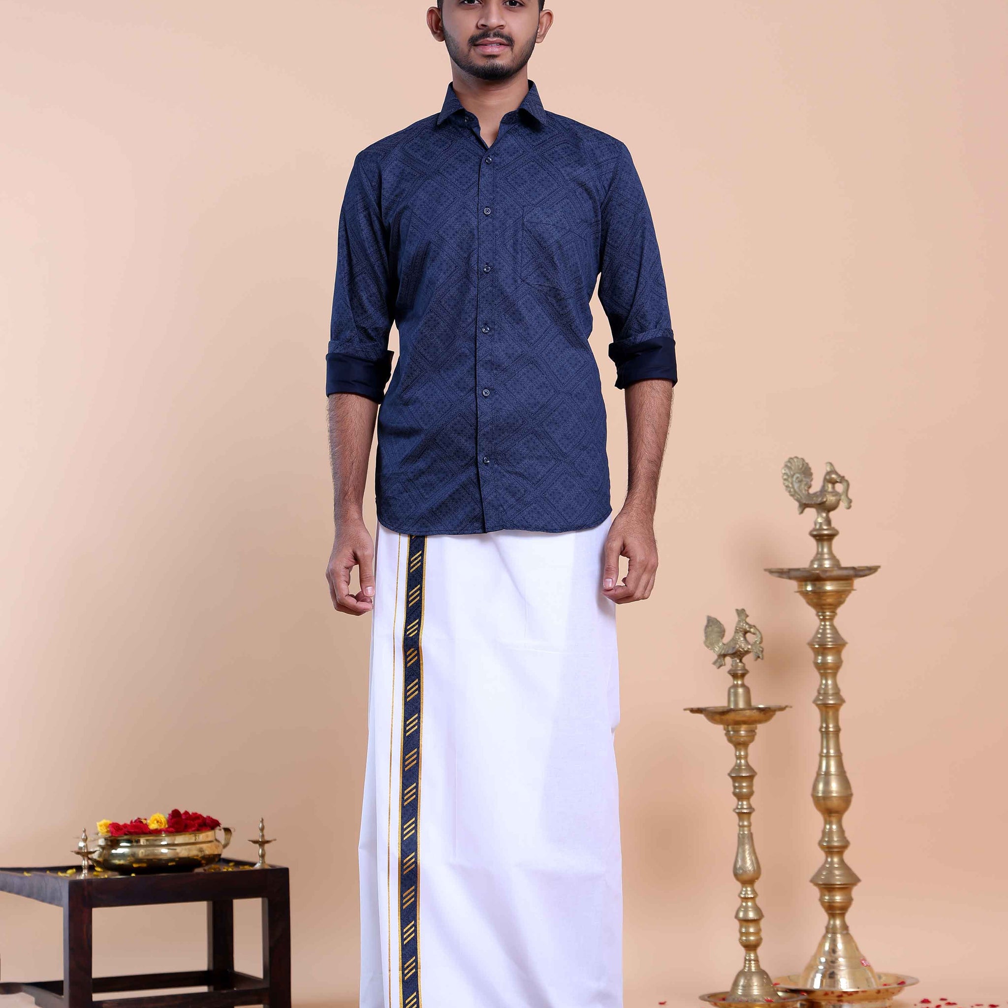 Elegant Men's Ethnic Full Sleeve Shirt & Dhoti Set with Zari Border - Blue