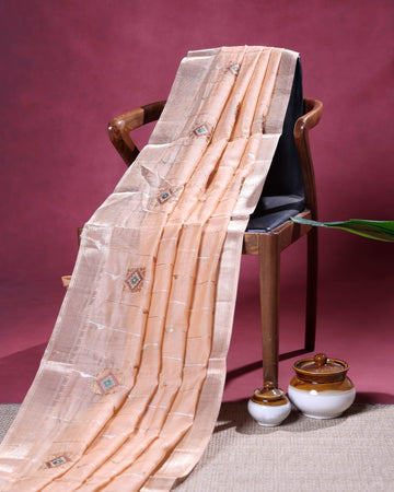 Elegant Semi Silk Saree with Subtle Metallic Stripes and Traditional Geometric Buta Motifs - Peach