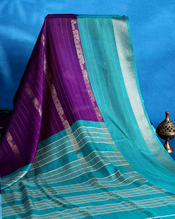 Elegant Dola Saree with Vertical Striped Body Design and Classic Contrast Woven Border - Purple