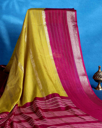 Elegant Dola Saree with Vertical Striped Body Design and Classic Contrast Woven Border - Yellow