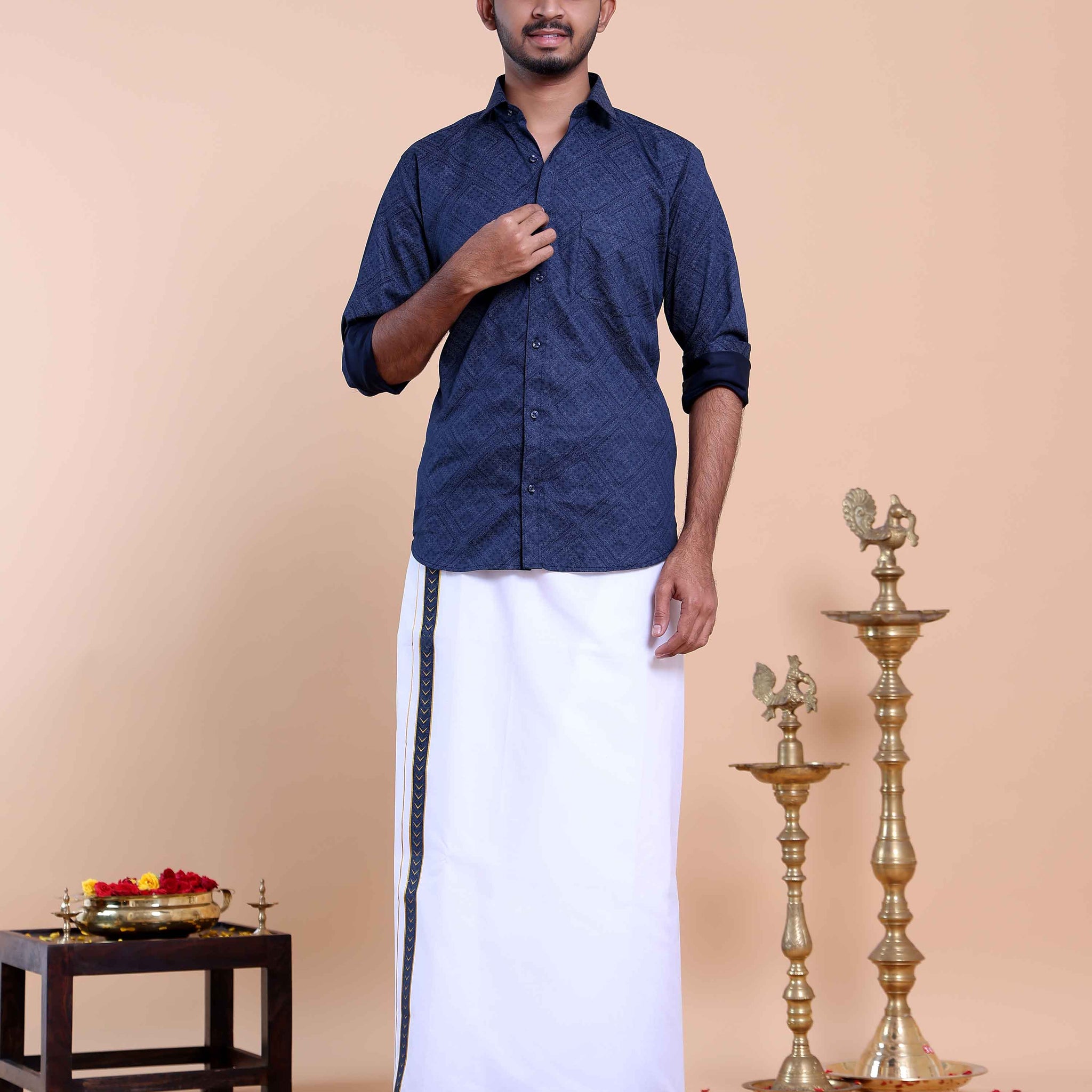 Elegant Men's Ethnic Full Sleeve Shirt & Dhoti Set with Zari Border - Blue