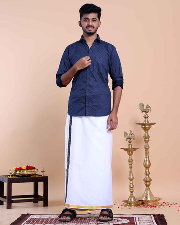 Elegant Men's Ethnic Full Sleeve Shirt & Dhoti Set with Zari Border - Blue