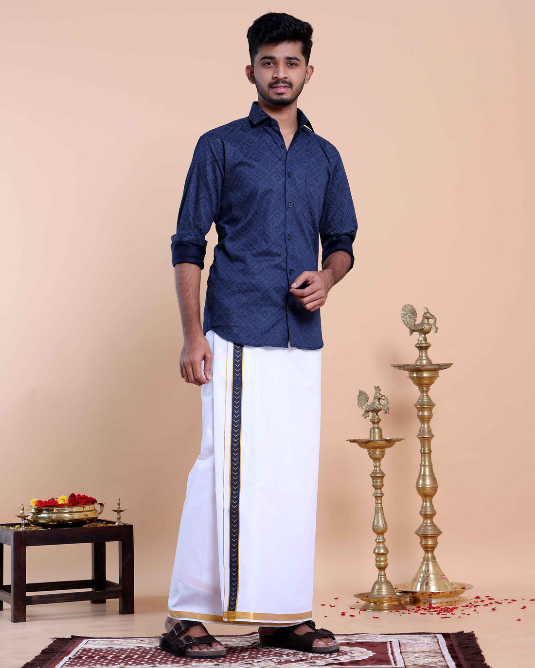 Elegant Men's Ethnic Full Sleeve Shirt & Dhoti Set with Zari Border - Blue