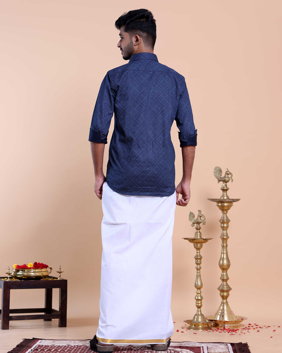 Elegant Men's Ethnic Full Sleeve Shirt & Dhoti Set with Zari Border - Blue