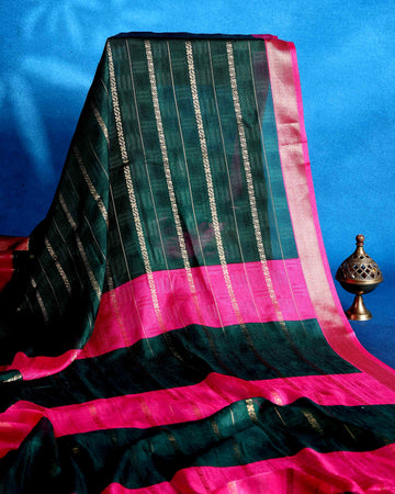 Elegant Dola Saree with Vertical Striped Body Design and Classic Contrast Woven Border - Dark Green