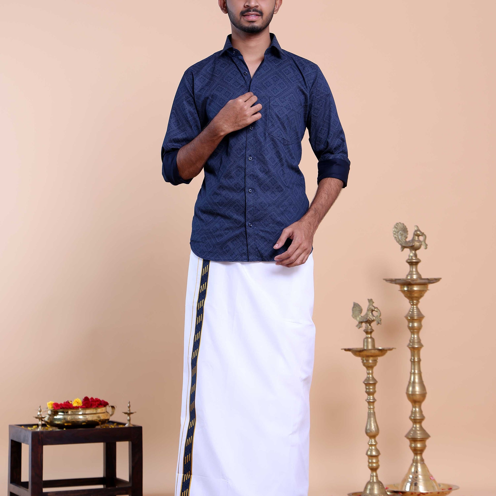 Elegant Men's Ethnic Full Sleeve Shirt & Dhoti Set with Zari Border - Blue