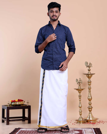 Elegant Men's Ethnic Full Sleeve Shirt & Dhoti Set with Zari Border - Blue