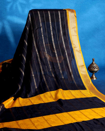 Elegant Dola Saree with Vertical Striped Body Design and Classic Contrast Woven Border - Black