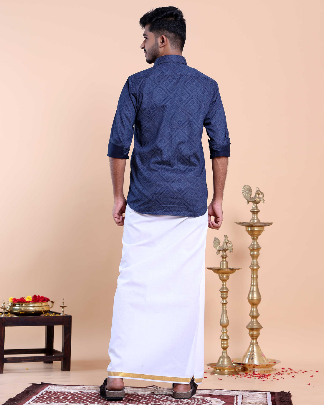 Elegant Men's Ethnic Full Sleeve Shirt & Dhoti Set with Zari Border - Blue
