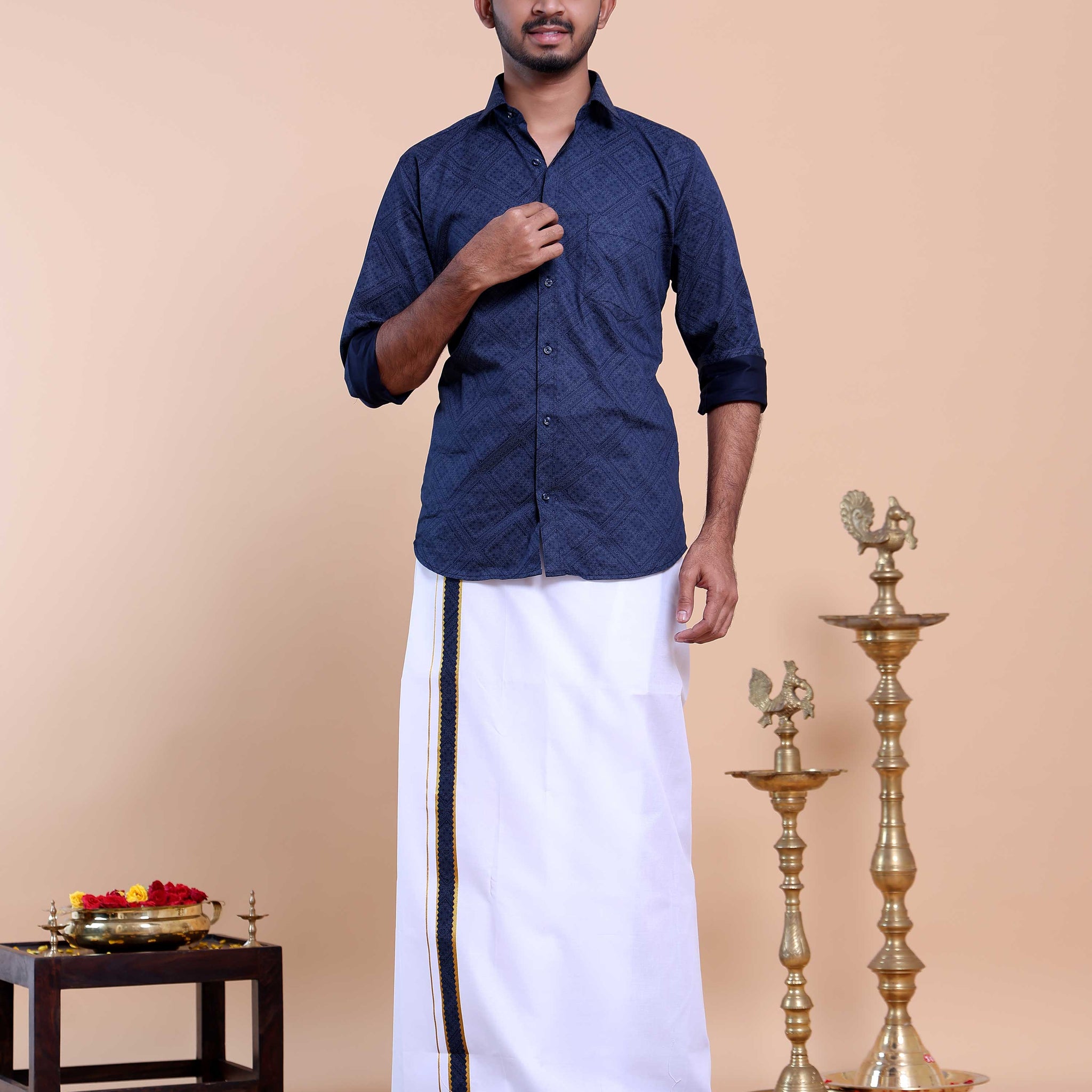 Elegant Men's Ethnic Full Sleeve Shirt & Dhoti Set with Zari Border - Blue