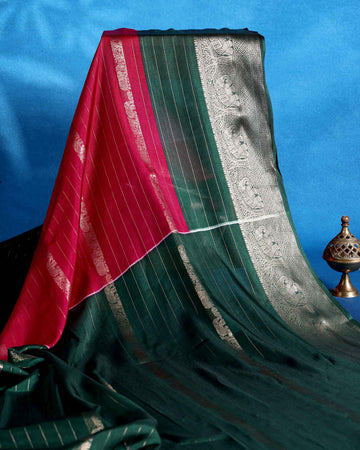 Elegant Dola Saree with Vertical Striped Body Design and Classic Contrast Woven Border - Magenta