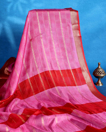Elegant Dola Saree with Vertical Striped Body Design and Classic Contrast Woven Border - Pink