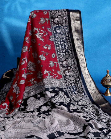 Elegant Semi Chanderi Saree with  Floral Motifs Intricate Contrast Pallu and Traditional Woven Border - Red