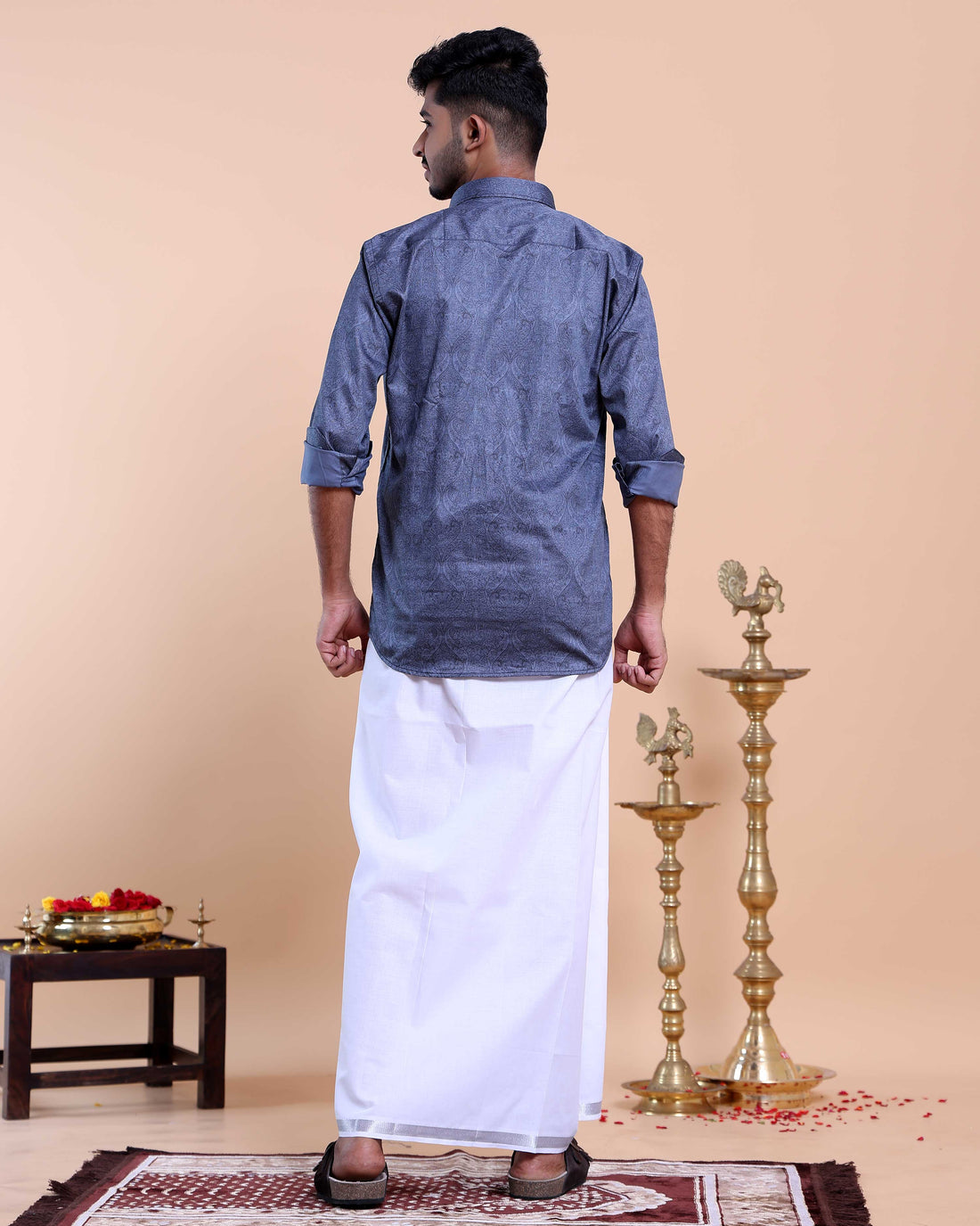 Elegant Men's Ethnic Full Sleeve Shirt & Dhoti Set with Zari Border - Blue