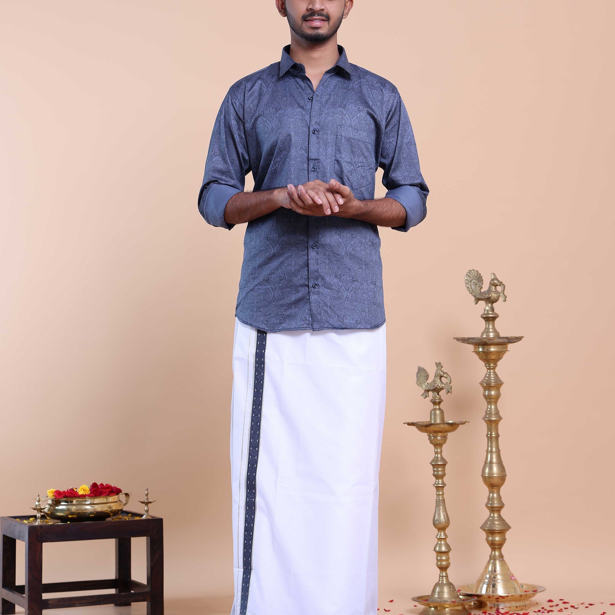 Elegant Men's Ethnic Full Sleeve Shirt & Dhoti Set with Zari Border - Blue