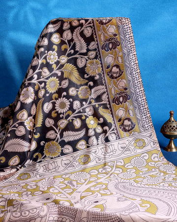 Traditional Raw Silk Saree with Floral Motifs Intricate Kalamkari Inspired Pallu and Woven Border - Black