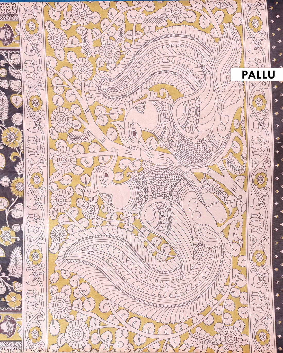 Traditional Raw Silk Saree with Floral Motifs Intricate Kalamkari Inspired Pallu and Woven Border - Black