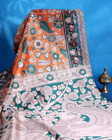 Traditional Raw Silk Saree with Floral Motifs Intricate Kalamkari Inspired Pallu and Woven Border - Orange
