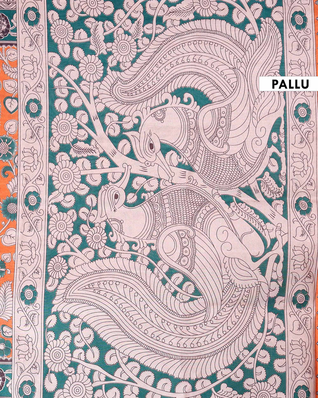 Traditional Raw Silk Saree with Floral Motifs Intricate Kalamkari Inspired Pallu and Woven Border - Orange