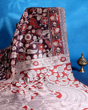 Traditional Raw Silk Saree with Floral Motifs Intricate Kalamkari Inspired Pallu and Woven Border - Dark Purple