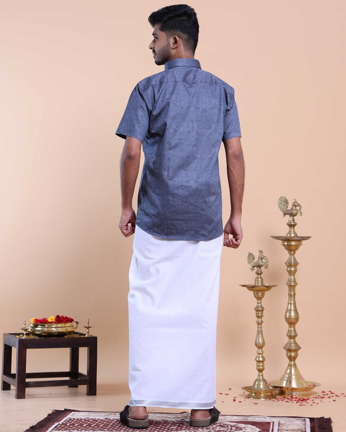 Elegant Men's Ethnic Half Sleeve Shirt & Dhoti Set with Zari Border - Blue