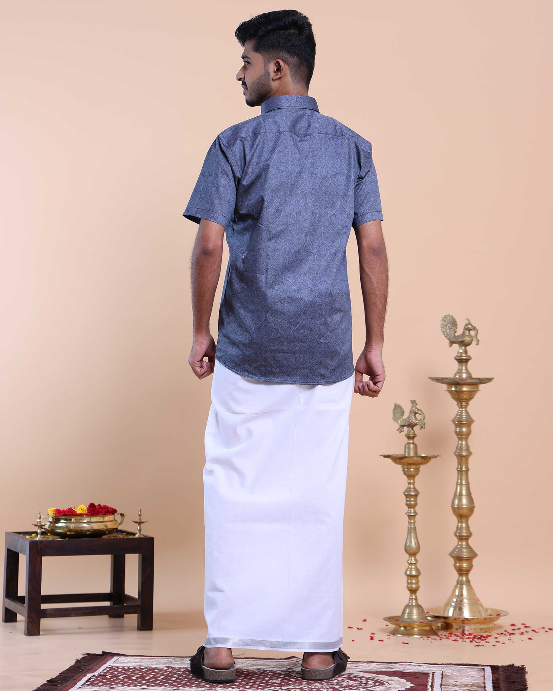 Elegant Men's Ethnic Half Sleeve Shirt & Dhoti Set with Zari Border - Blue