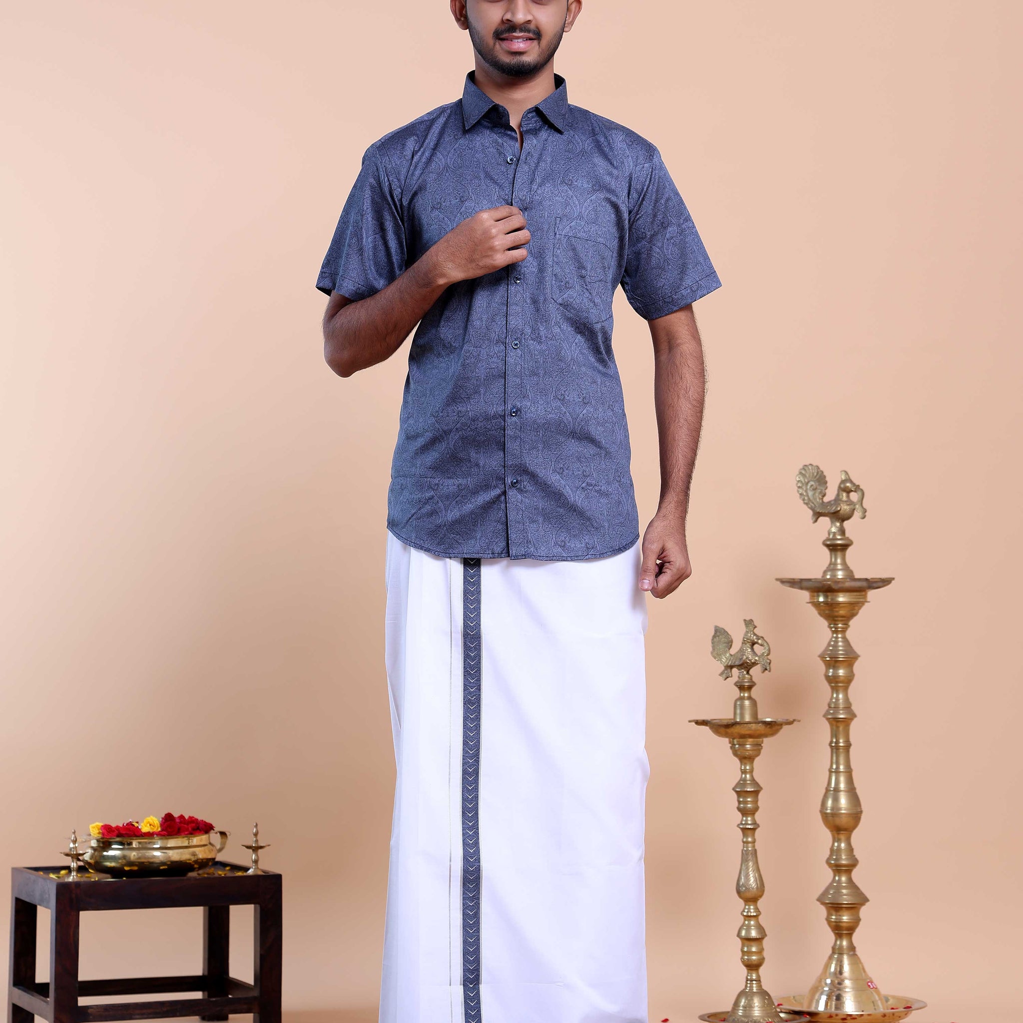 Elegant Men's Ethnic Half Sleeve Shirt & Dhoti Set with Zari Border - Blue