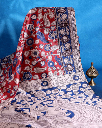 Traditional Raw Silk Saree with Floral Motifs Intricate Kalamkari Inspired Pallu and Woven Border - Red