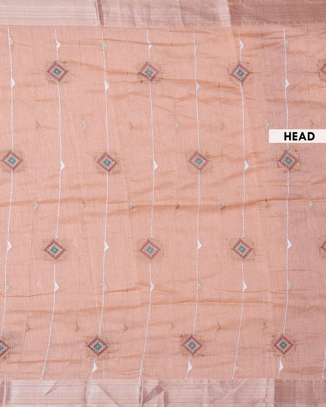 Elegant Semi Silk Saree with Subtle Metallic Stripes and Traditional Geometric Buta Motifs - Peach
