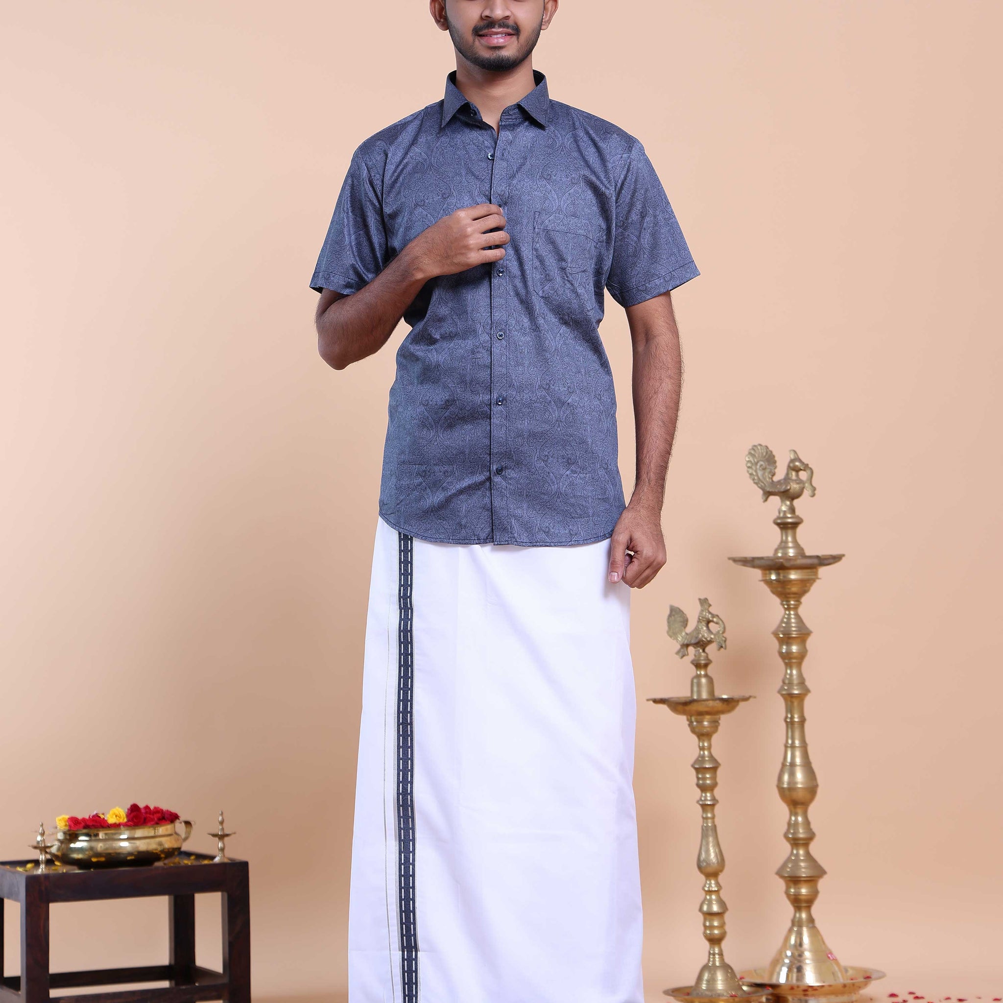 Elegant Men's Ethnic Half Sleeve Shirt & Dhoti Set with Zari Border - Blue