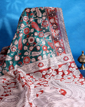 Traditional Raw Silk Saree with Floral Motifs Intricate Kalamkari Inspired Pallu and Woven Border - Green
