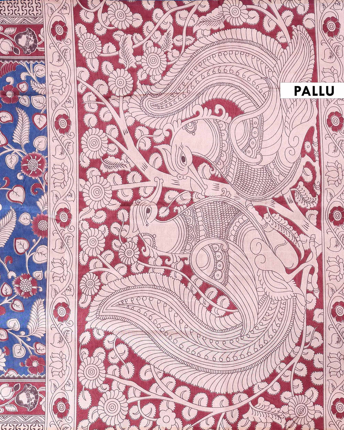 Traditional Raw Silk Saree with Floral Motifs Intricate Kalamkari Inspired Pallu and Woven Border - Blue