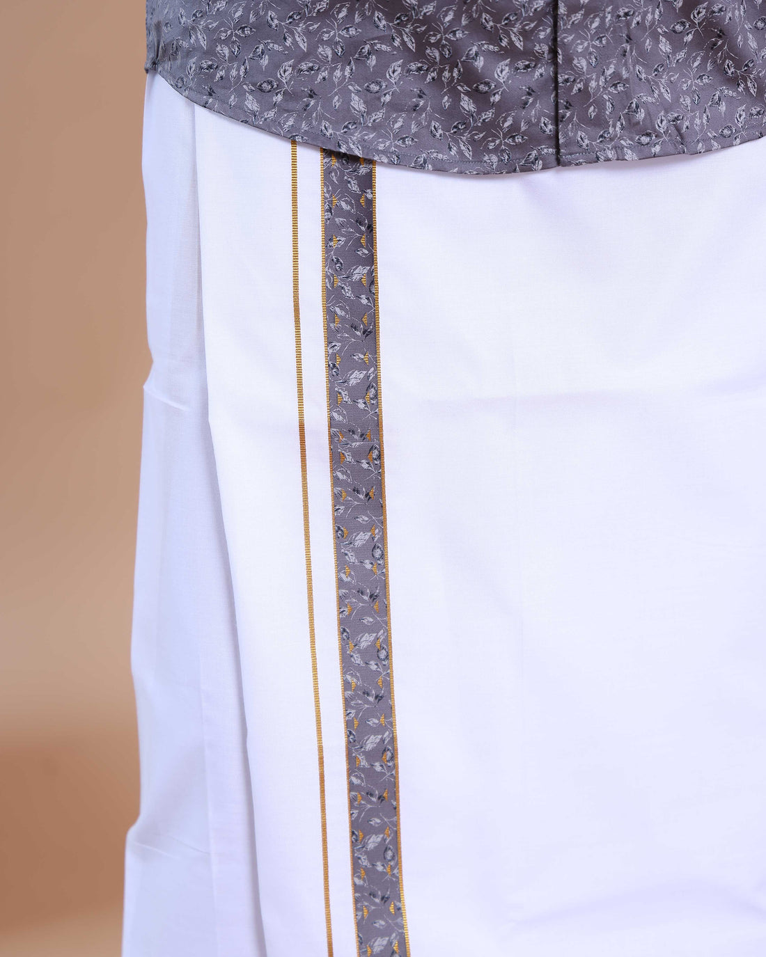 Elegant Men's Ethnic Full Sleeve Shirt & Dhoti Set with Zari Border - Grey